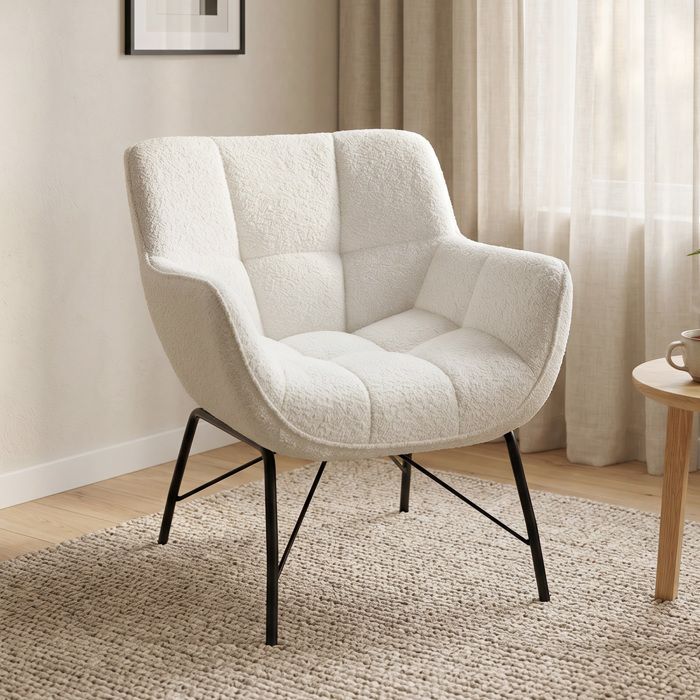 Fauteuil lounge – Tissu sherpa doux pieds en acier carbone – Pour salon et chambre – Blanc crème