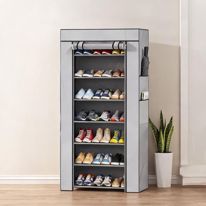 Zapatero vertical pour entrée à 7 niveaux avec housse et 2 poches latérales structure acier