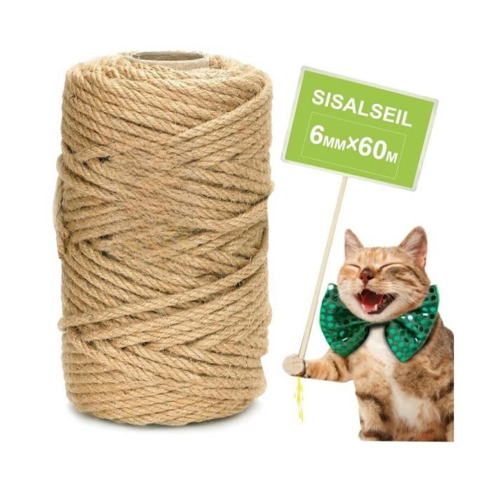 Corde Arbre à Chat, 6M×60MM Corde en Sisal, Corde Sisal Arbre à Chat, Sisal pour Arbre à Chat pour Réparation et Remplacement,
