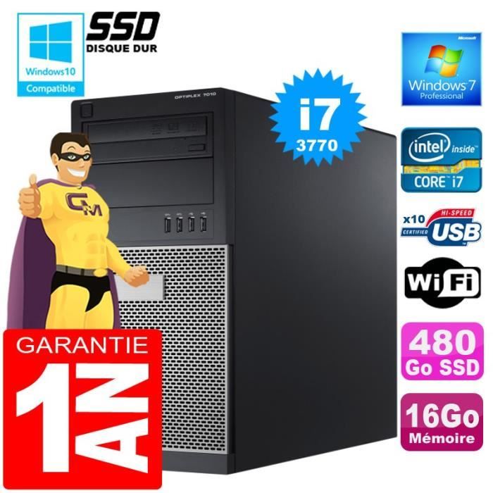 PC Tour DELL 7010 Core I7-3770 Ram 16Go Disque 480 Go SSD Graveur DVD Wifi W7