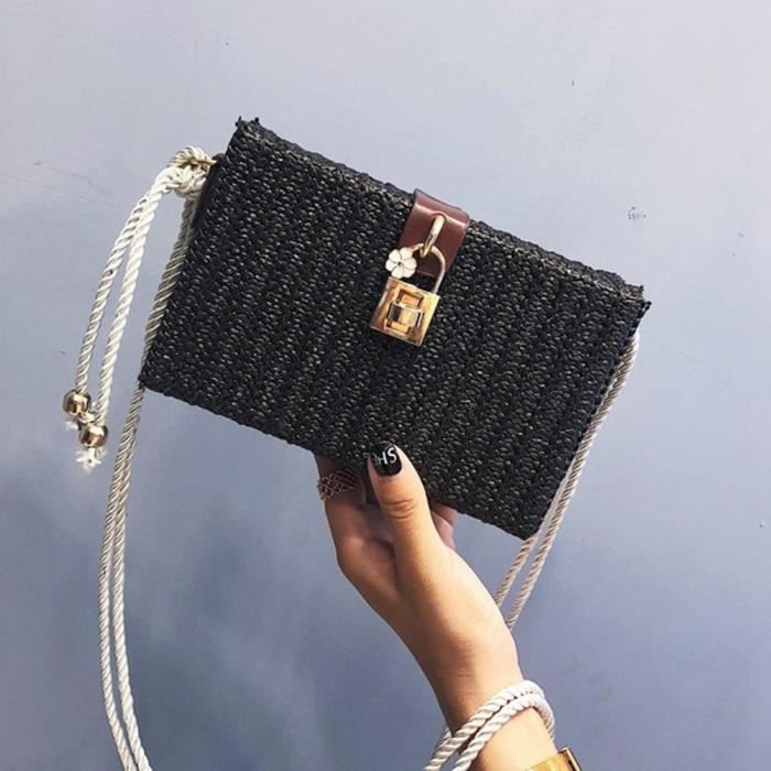 Sac Bandoulière Femme Noir En Paille Tressée Zippé - Fourre-tout Pour Plage Ou Ville, Neuf