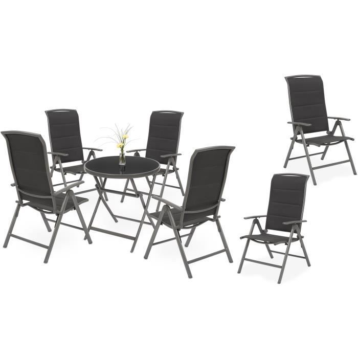 BRUBAKER Salon de Jardin Milano - 1 Table Pliante en Verre Ronde de 70 cm Ø avec 6 Chaises à Dossier Haut - Aluminium - Gris