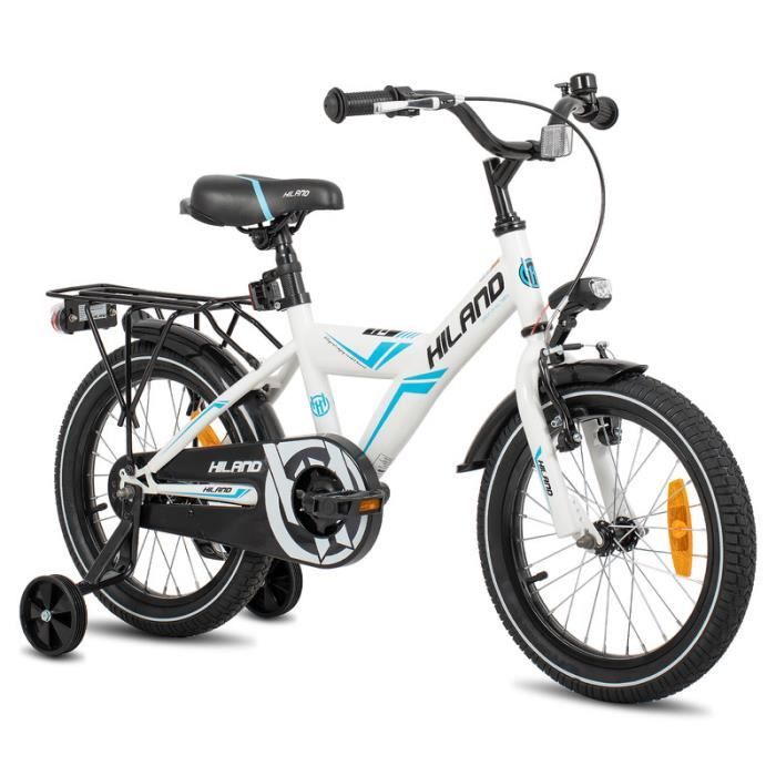 Vélo HILAND 16 pouces pour garçons (4, 5, 6+) avec siège arrière, roues d'entraînement, frein à main et frein à rétropédalage-Blanc