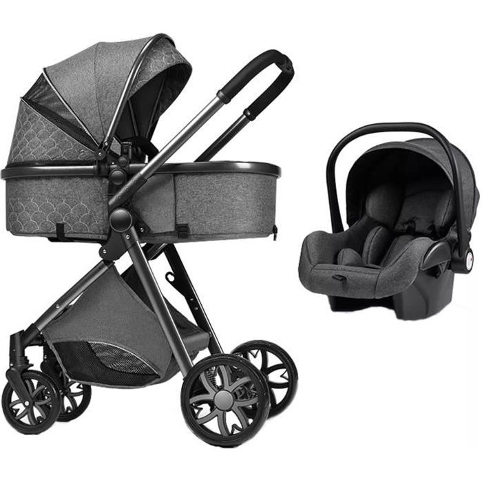 Poussette 3 en 1 Bébé Combinée Siège-Auto Nacelle Trio Réversible .GRIS  FONCE