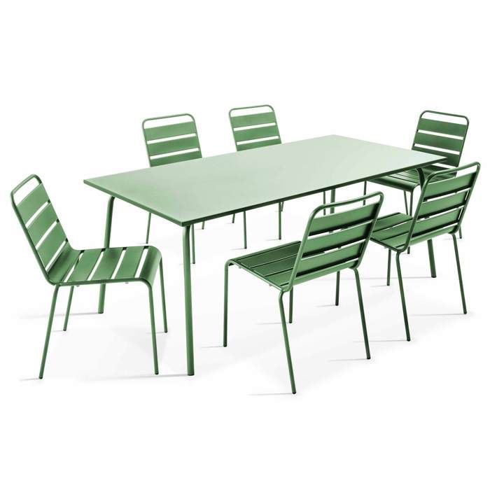 Ensemble table de jardin et 6 chaises en métal vert cactus Palavas Oviala