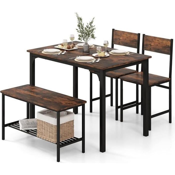 RELAX4LIFE Ensemble Table à Manger Industrielle et 2 Chaises & Banc avec Étagère Rangement 2-4 Personnes pour Cuisine/Salon/Resto
