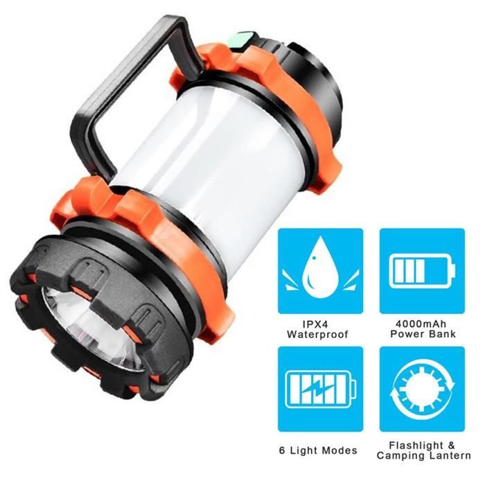 Lanterne de camping Lanterne à LED rechargeable ultime imperméable de lIPX4 et une banque de puissance 3000mAh pour un Orange