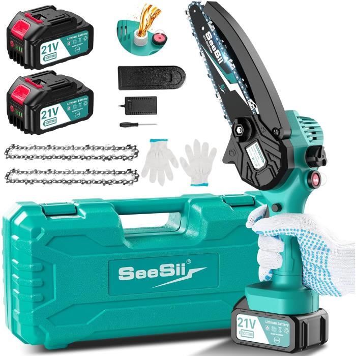 Mini Tronçonneuse électrique Sans Fil 18V - Guide 4" Et 6" - 2 Batteries 5,5Ah - Pour Jardin, élagage, Bricolage - KEATFE