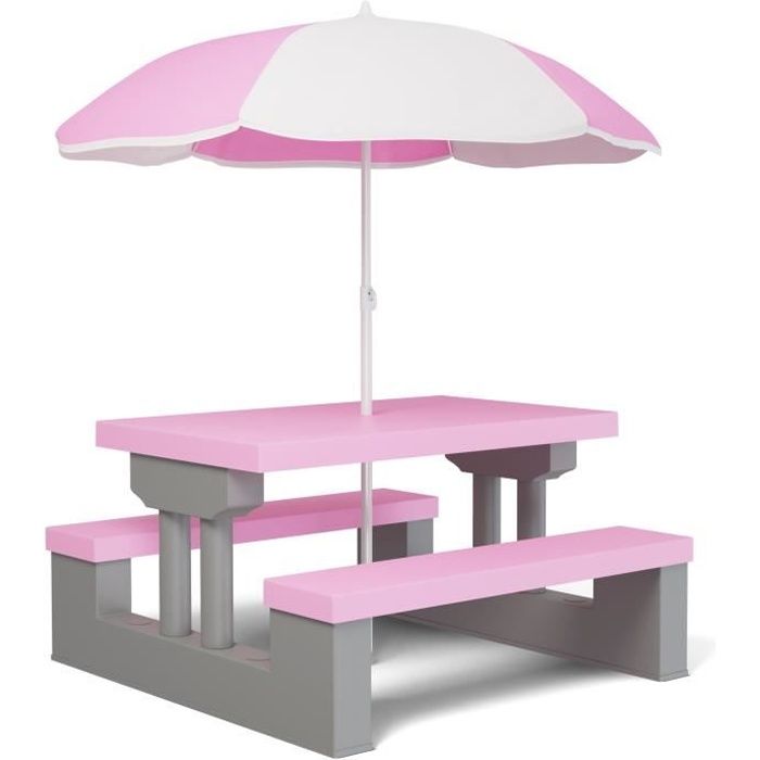 SPIELWERK Salon de jardin pour enfants Gris Rose ensemble 1 table 2 bancs fixes parasol jouet table terrasse pique-nique