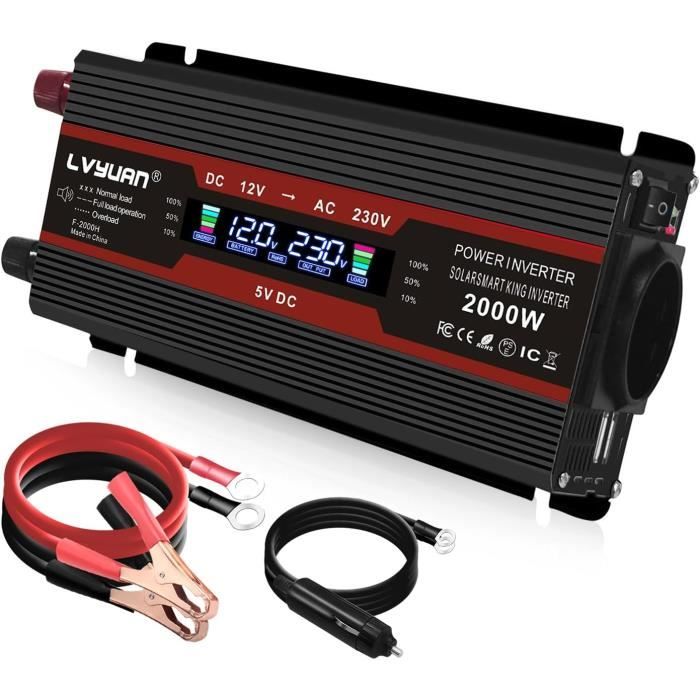 Onduleur 1500W 12V Vers 220V - Pur Sinus - 1 Prise Secteur + 2 Ports USB - Pour Voiture, Camping, Caravane