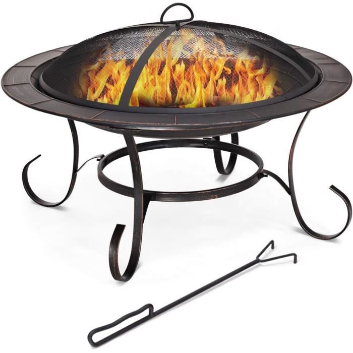 Brasero De Jardin Carré En Fer - 81x81x50 Cm - Avec Couvercle Pare-étincelles, Grille Et Tisonnier