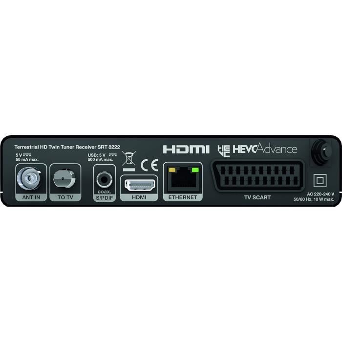 Strong SRT8222 Décodeur Double Tuners TNT Full HD - DVB-T2 - Compatible HEVC265 - Récepteur/Tuner TV avec Fonction enregistreur H