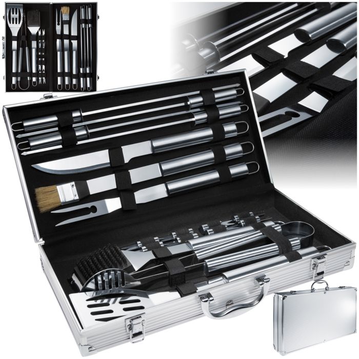 Ustensile à barbecue - TECTAKE - Ensemble de 18 couverts pour barbecue en acier inoxydable avec coffret inclus - Gris