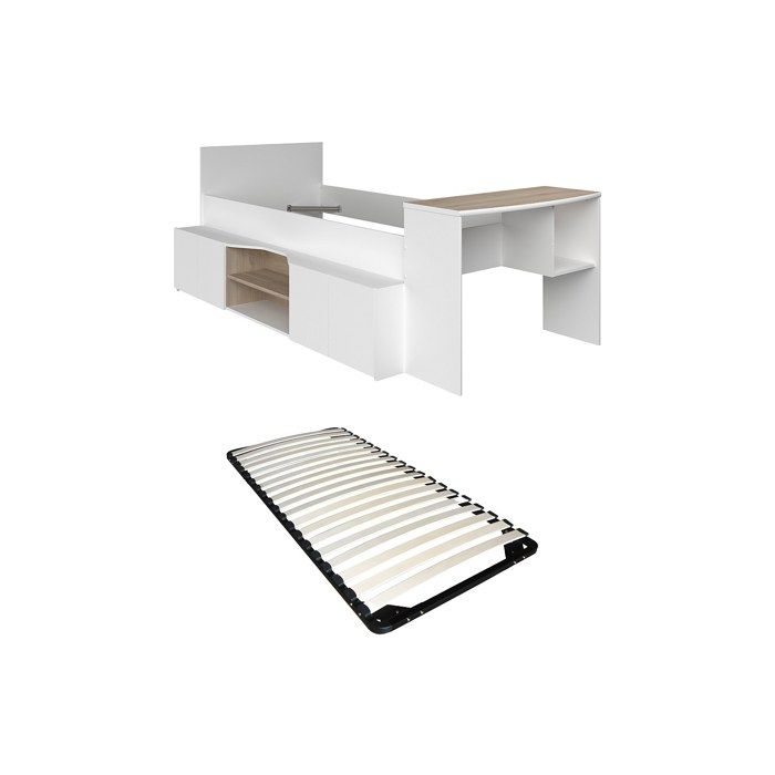 Lit combiné 90 x 190/200 cm avec bureau et rangements - Blanc et naturel + Sommier - JOCHIANE Lit combiné 90 x 190/200 cm avec bureau et rangements - Blanc et naturel + Sommier - JOCHIANE