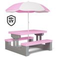 SPIELWERK Salon de jardin pour enfants Gris Rose ensemble 1 table 2 bancs fixes parasol jouet table terrasse pique-nique-1