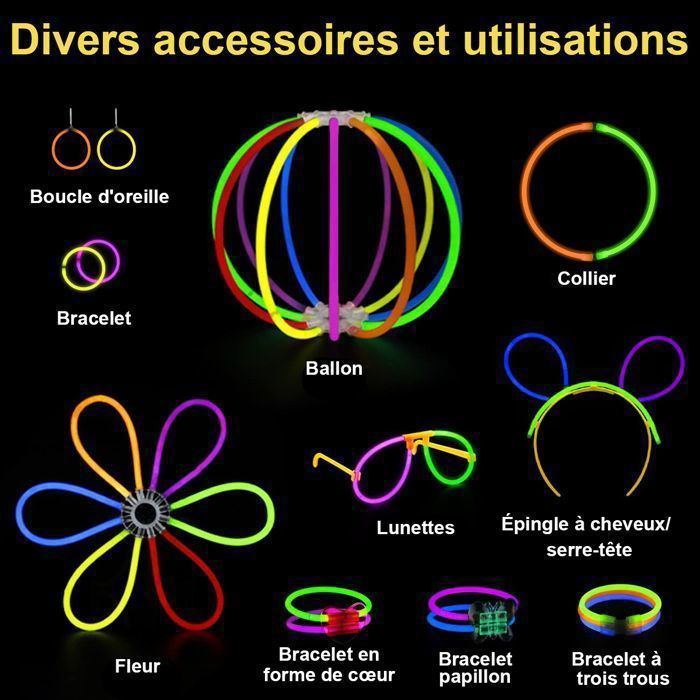 Foydream 488 Party Pack Bâtons Fluo Lumineux - 200 Bâtons + Accessoires Fête