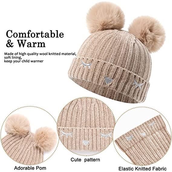 Ensemble Bonnet Gant Enfant Brodé Bonnet à Pompon Hiver Chapeau Doux Chaud  Tricot Crochet Chapeau Pom Beanie et Moufle Mitaine Hiver Accessoires pour  Fille Garcon