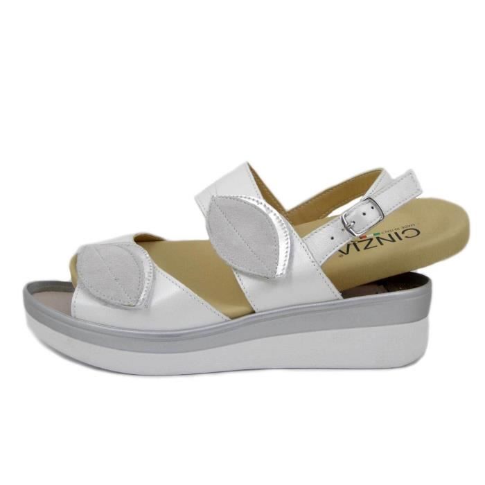 Sandale femme grand confort en cuir souple blanc semelle amovible