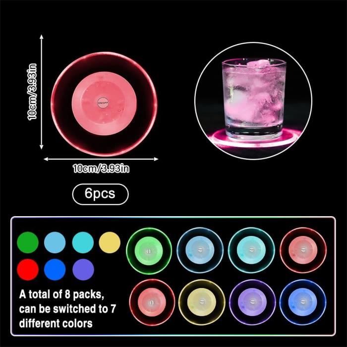 Lot De 8 Dessous De Verre LED - 7 Couleurs, 10 Cm De Diamètre - Alimentation Piles CR1620 (fournies) - Étanches, Pour Fêtes, Bars, Mariages