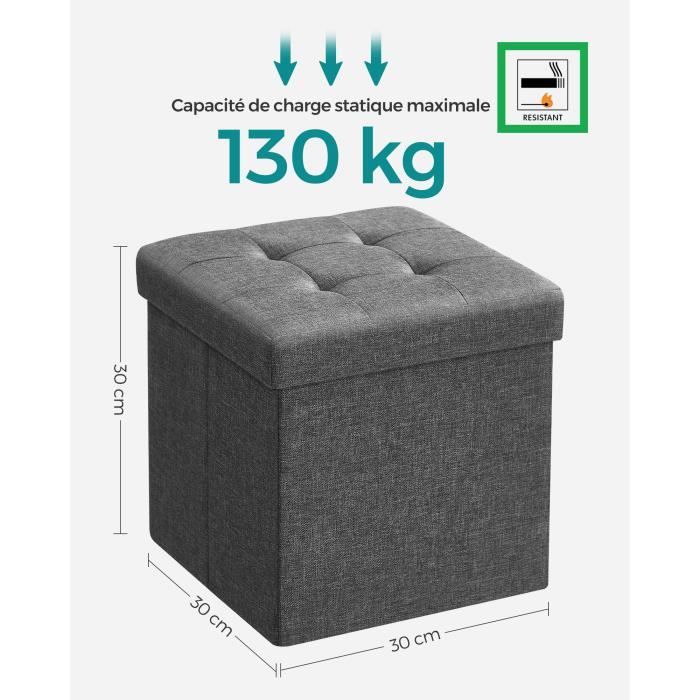 Pouf Rangement 80L - 76x38x38cm - Noir, Tissu Lin Et Structure MDF (150kg Charge)