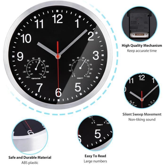 Horloge Murale Radio-Pilotée Avec Thermomètre Et Hygromètre, 25 Cm, Horloge Murale Radio-Pilotée