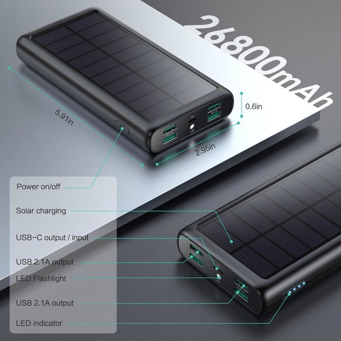 Batterie Externe Solaire 26800mAh – 2 Ports USB, Entrée USB-C, étanche IPX4, Lampe LED, Pour Camping