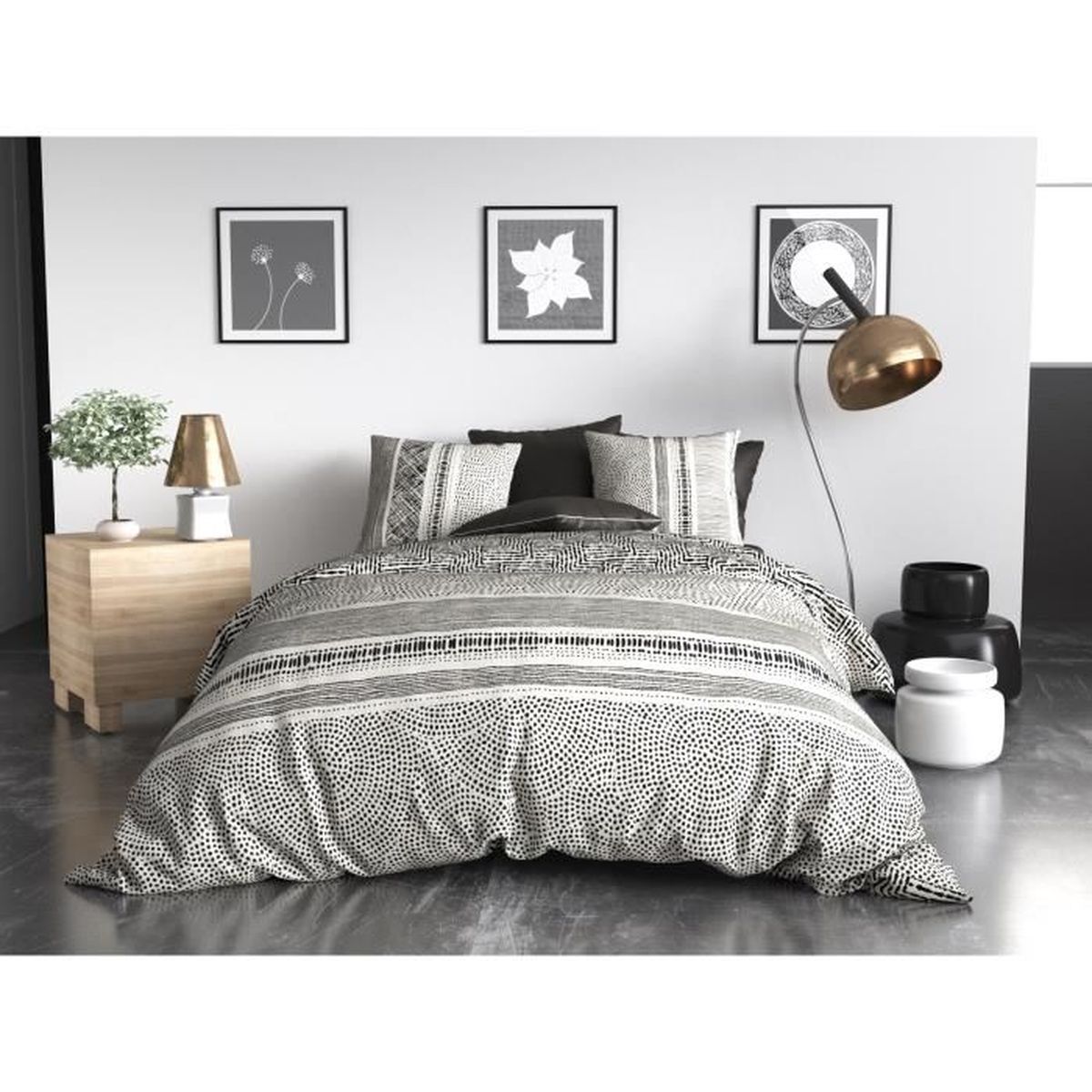 Housse De Couette Percale 220x240 Cm + 2 Taies D'Oreiller Belor - Motif Géométrique Élégant