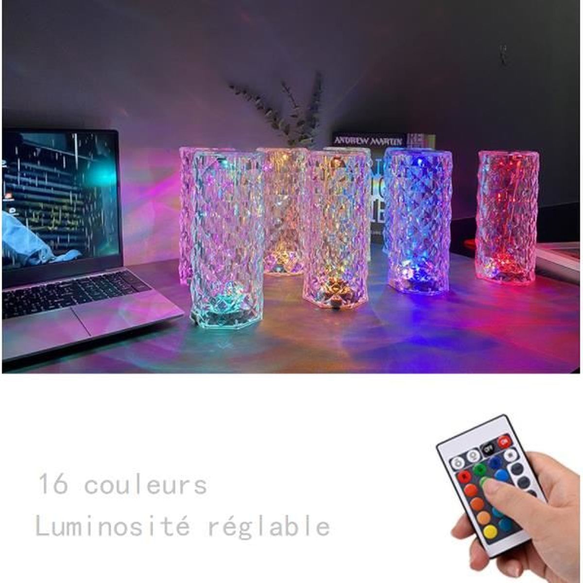 16 couleurs lampe de chevet tactile avec télécommande SanerCraft Lampe de table en cristal diamant lampe de bureau LED en acrylique pour chambre/bar/restaurant charge USB 