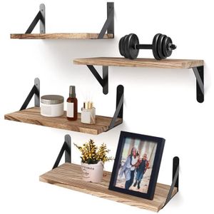 Etagère Murale Bois, Lot de 4 Flottantes Tablettes Métal Charge Maximal 20 Kg pour Salon Chambre Bureau Salle de Bains ou Cuisine