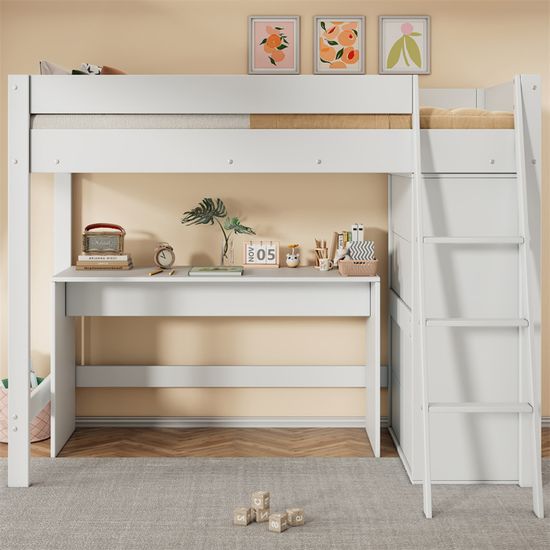 Lit Superposé Enfant 90x200 Avec Bureau Et Armoire - Bois Massif Blanc - Rangements Intégrés - Escalier Pratique - Sans Matelas