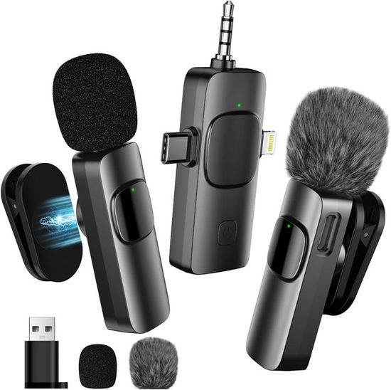 Microphone Cravate Sans Fil 4 En 1 BYbrutek - Mini Micro Pour IPhone Android PC Caméra - Antibruit