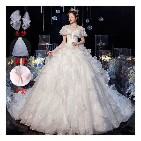 Robe mariée épaules dénudées, traîne, dentelle, organza, princesse