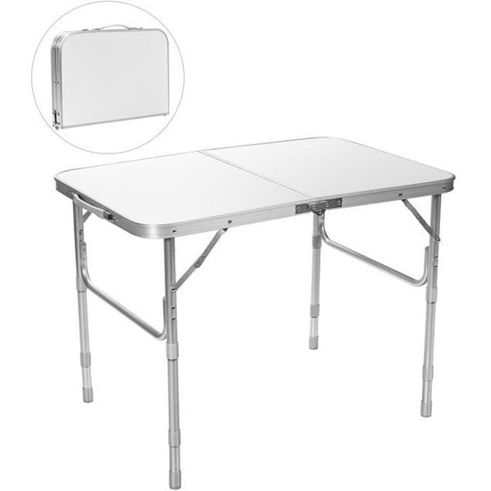 COSTWAY Table de Camping Pliante 90×60x65CM en Aluminium Hauteur à 3 Positions Poignée de Transport Blanc Table de Jardin Portable