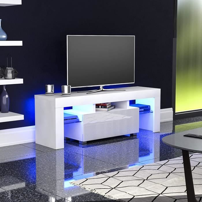 Meuble TV / Meuble de Salon - DRIPEX - 130 cm - blanc mat / blanc brillant - Avec LED
