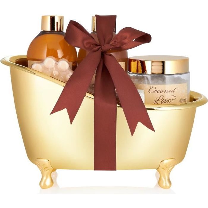 BRUBAKER Coconut Love - Coffret de Bain avec Baignoire Dorée - 6 Pièces - Noix de Coco