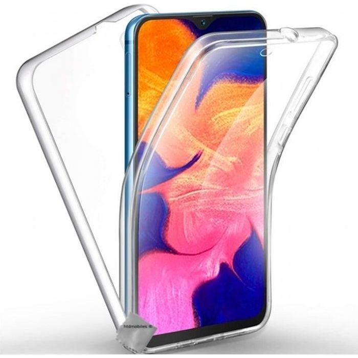 Coque silicone gel fine 360 integrale (avant et arriere) pour Samsung Galaxy A10 + verre trempe - TRANSPARENT