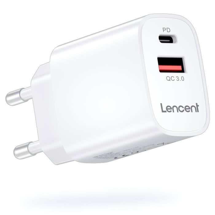 LENCENT PD Chargeur Prise USB C, 18W Chargeur Secteur Mural USB 2 Ports pour iPhone Samsung Xiaomi Oneplus Huawei etc