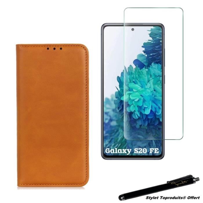Etui portefeuille marron clair pour Samsung Galaxy S20 FE Housse à fermeture magnétique et Verre trempé 2,5D avec Stylet Toproduits®