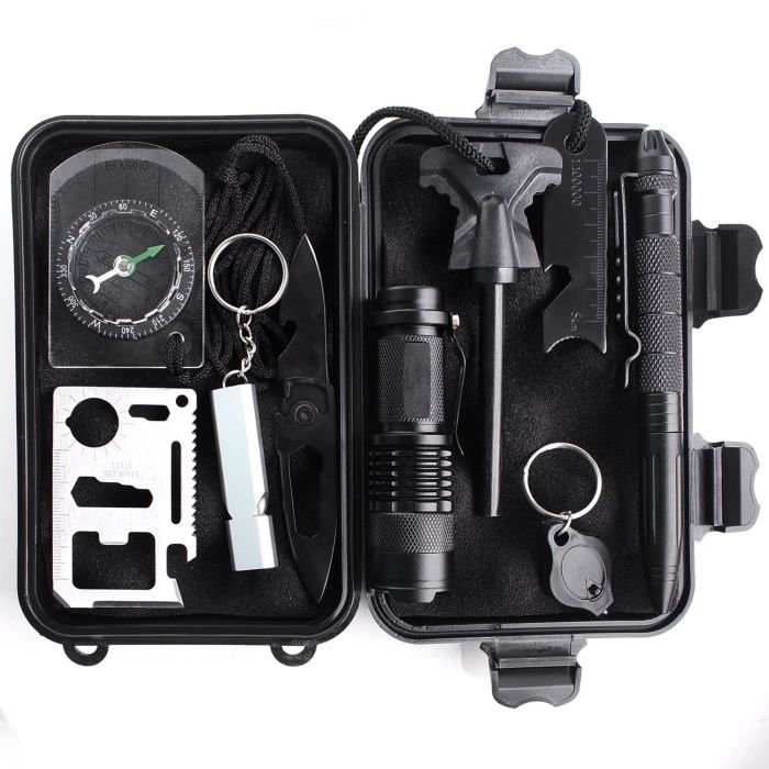 l'Ensemble Outil de Servie, Kit de Survie Trousse d'Urgence en Plein Aire avec 10 outils, Racloir, Lampe de Poche, Pierre à Feu, Sif