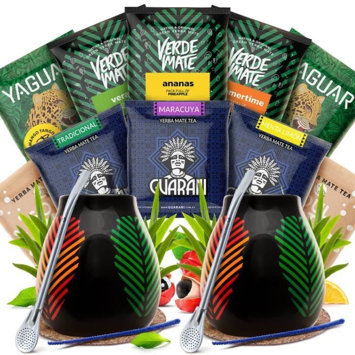 Yerba Mate Kit Échantillons de Différentes Saveurs 10x50g + 2 x Calebasse Mate 350 ml + 2 x Bombilla