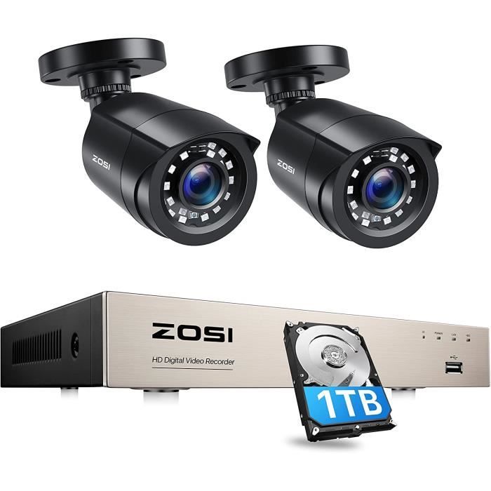 ZOSI H.265+ Full HD Kit Vidéo Surveillance, 4CH 5MP Lite DVR et Disque Dur de 1 to, 2 Caméras de Surveillance 2MP CCTV Sécurité