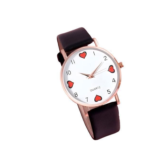 Montre Femme Cadran Rond Bracelet Cuir Noir Motif