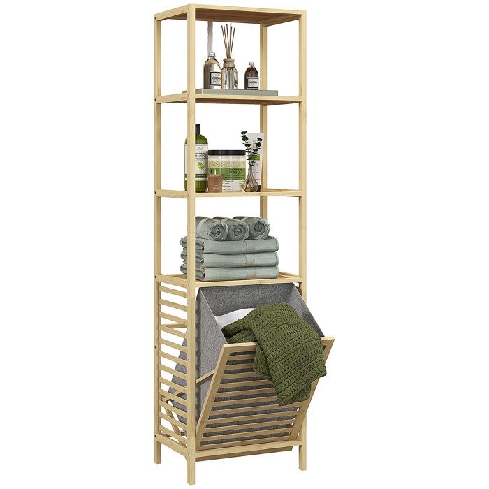 Etagère de rangement HOMCOM pour salle de bain en bambou avec 3 étagères et 1 panier à linge amovible 44L x 33l x 160H cm