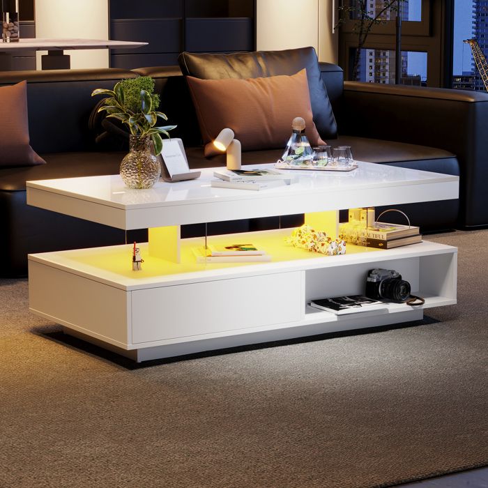 Table Basse LED Blanche Brillante2 Tiroirs 2 Compartiments OuvertsTable dappoint Salon avec 4 Plateaux en Verre95x50x425cm