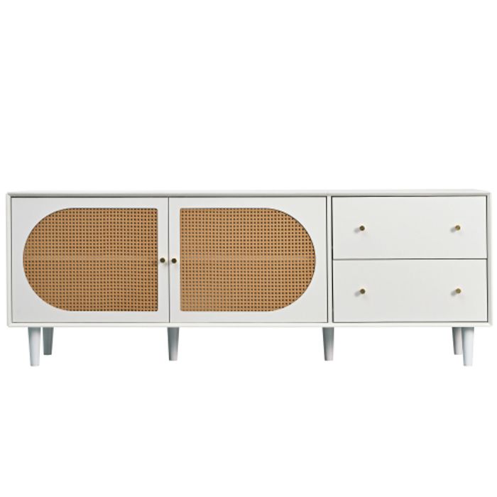 Meuble TV Rotin Blanc 180x40x72 Cm - 4 Portes - Étages Réglables - Gestion Câbles - Pour TV Jusqu'à 80"