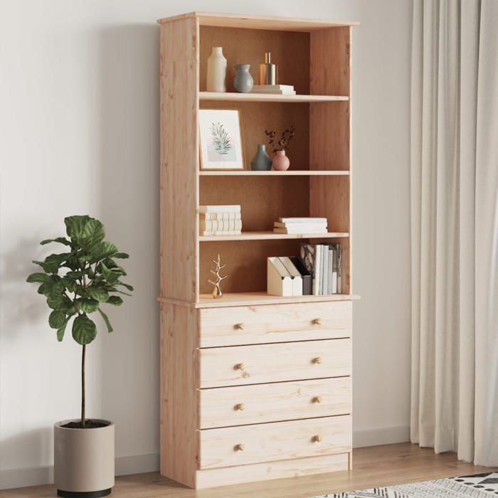 SALE 2025Bibliothèque Moderne - Colonne Étagère avec tiroirs ALTA 77x35x186 5cm - Bois massif de pin 34 48 Kg 2257