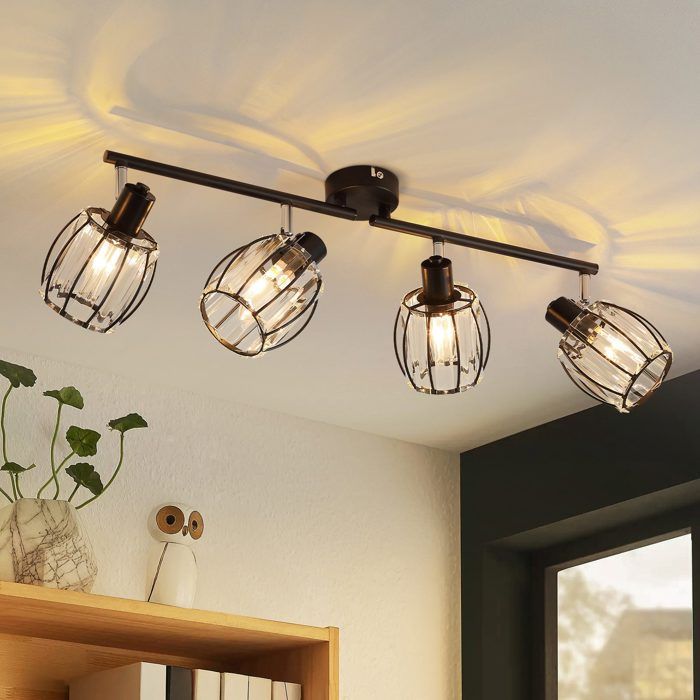 Spot de plafond - NETTLIFE - 4 flammes - E14 - Noir - Abat-jour cristal vintage