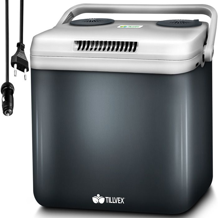 TILLVEX &reg; Glaci&egrave;re &eacute;lectrique 32L Gris  Mini r&eacute;frig&eacute;rateur 230V et 12V pour Voiture Camping  Refroidit et r&eacute;chauffe  Mode ECO 