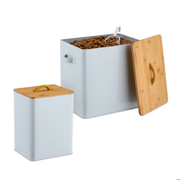 Relaxdays Boîte de conservation lot de 2 2 tailles couvercle & cuillère fer récipient croquettes blanc - nature