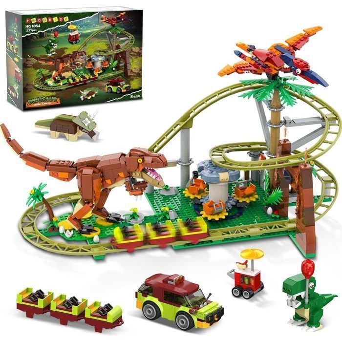 Kit de construction - HOGOKIDS - Circuit Montagnes Russes Dinosaures - 1222 pièces - 4 dinosaures - 8-12 ans